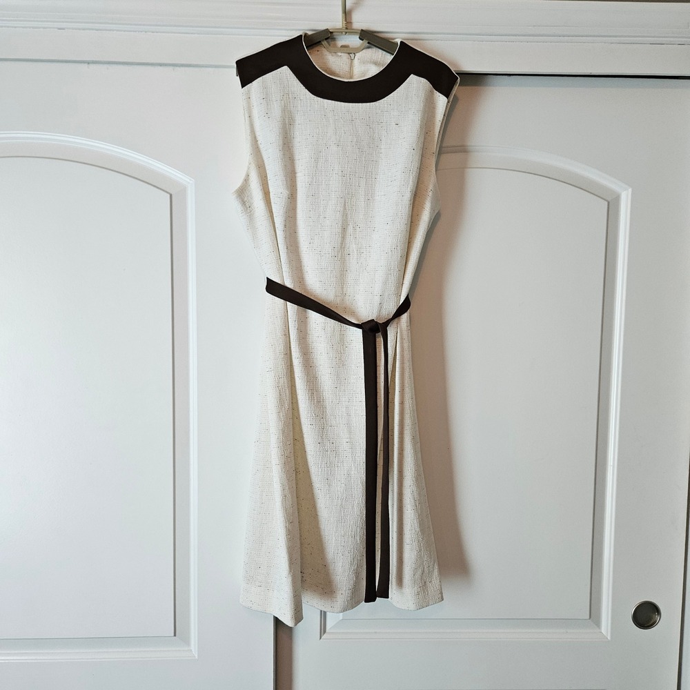 Vintage 70s Shift Dress Large ILGWU Union Made Cream Brown Belted Mod